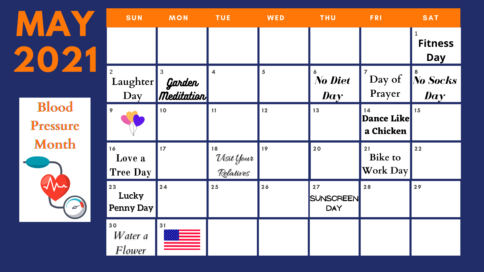 Navy Blue Oranges Squares Weekly Calendar